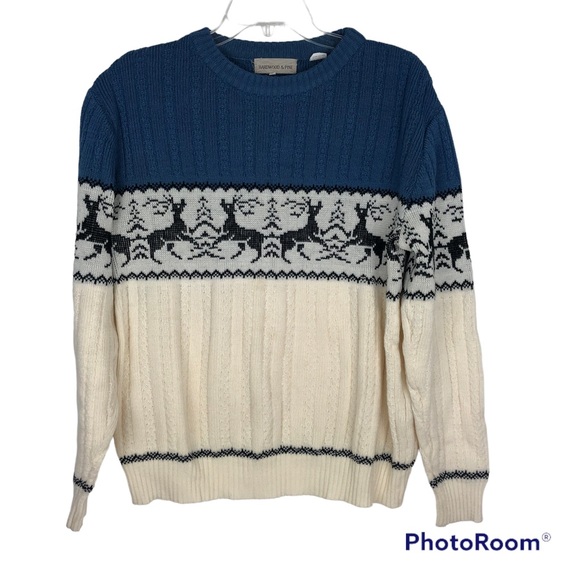 Vintage Hardwood & Pine Medium Blue White Reindeer Sweater Made in Romania - Picture 1 of 6